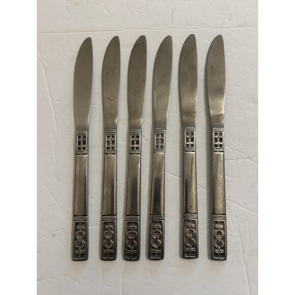 Vintage Customcraft Fluer De Lis Set Of 6 Dinner Knives Stainless Flatware CUS3 - Picture 7 of 10